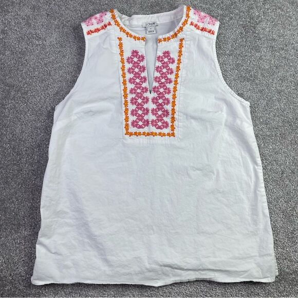 J. Crew Factory Embroidered Top Women’s 8 White Split Neck Sleeveless Easy Fit - Picture 1 of 9